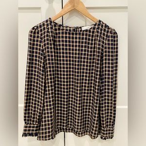 NWOT Loft Medium Petite Blouse Navy Gold Yellow Plaid